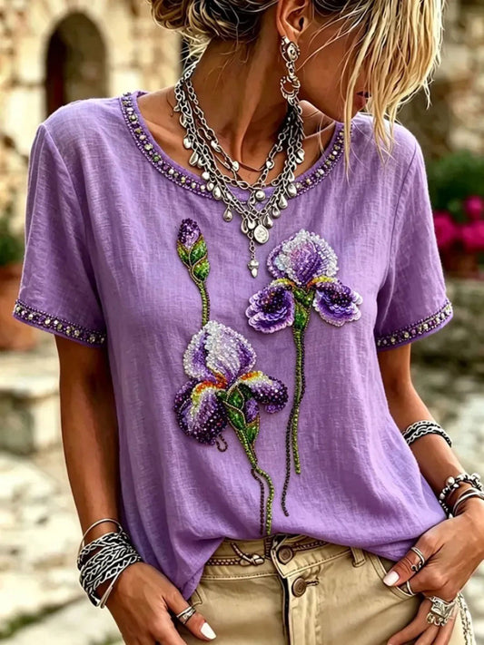Women's Purple Floral Print Casual T-Shirt
