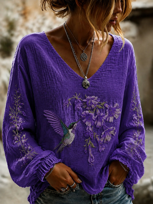 Women's Purple Flora Art Print Cotton-Linen Shirt