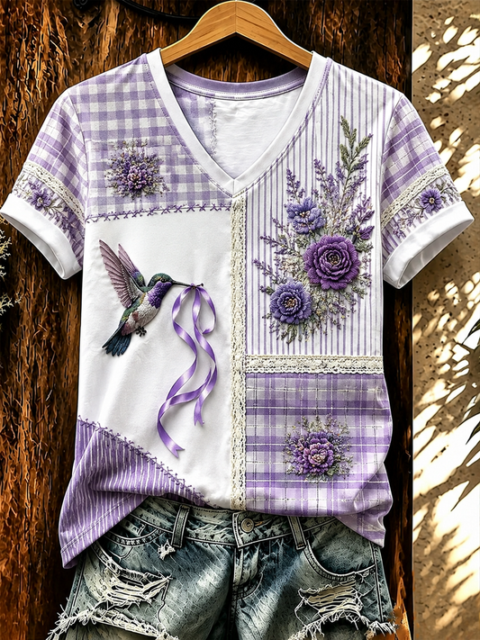 Women's Hummingbird and floral print short-sleeved T-shirt