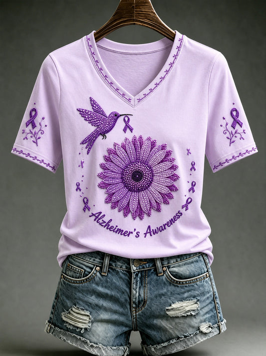 Women's Alzheimer's Awareness Support Purple Floral Purple Floral & Hummingbird Art Short Sleeve V-Neck Shirt