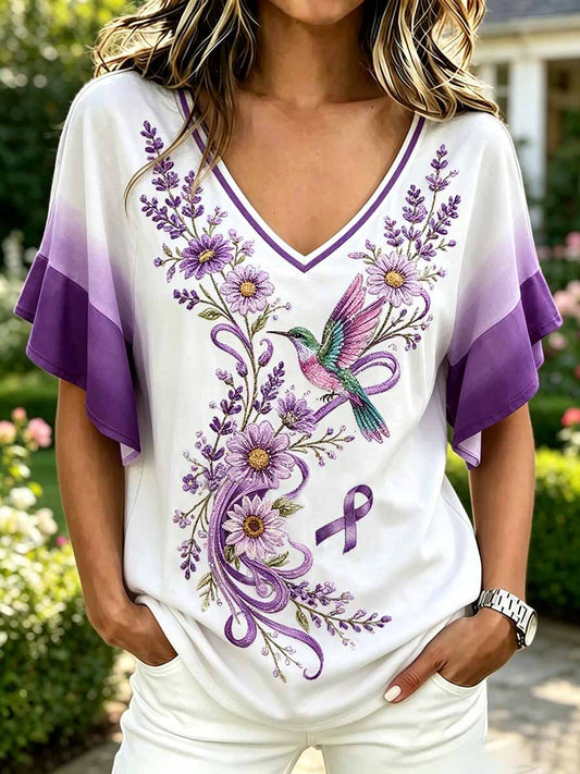 Women's Fashion Purple Floral Print T-Shirt