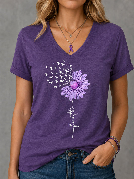 Women's Purple Ribbon Sunflower Faith Print Alzheimer's Awareness Support V-Neck Tee