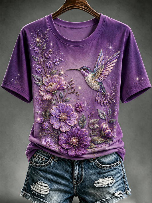 Women's Hummingbird and floral print short-sleeved T-shirt