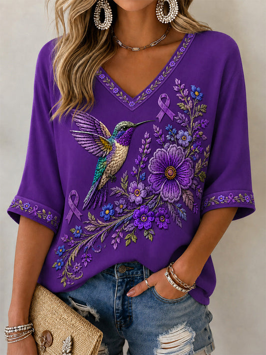 Women's Purple Floral & Hummingbird Print Alzheimer's Awareness Support V-Neck Tee