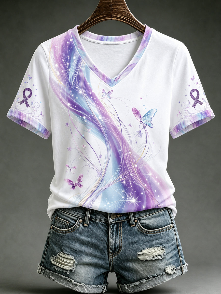 Women's Alzheimer's Awareness Support Purple Floral  V-Neck T-Shirt