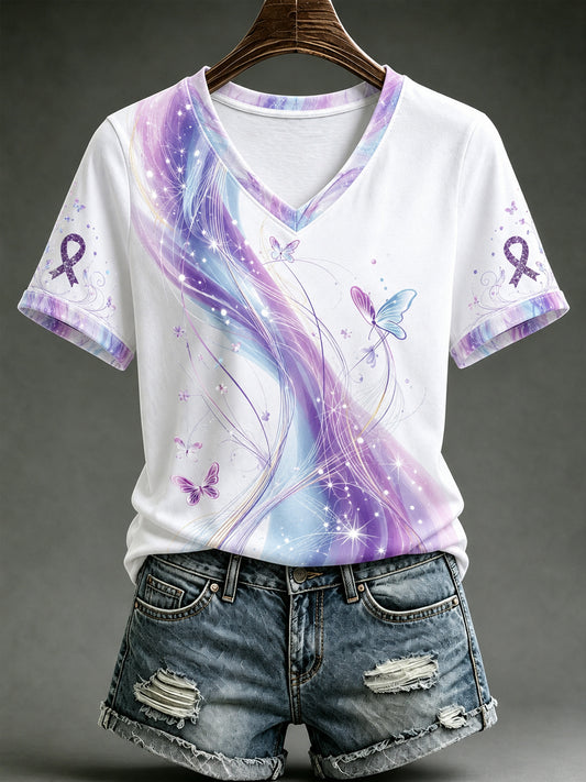 Women's Alzheimer's Awareness Support Purple Floral  V-Neck T-Shirt