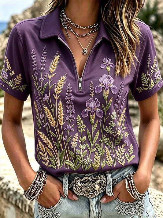 Women's Fashion Purple Floral Print T-Shirt