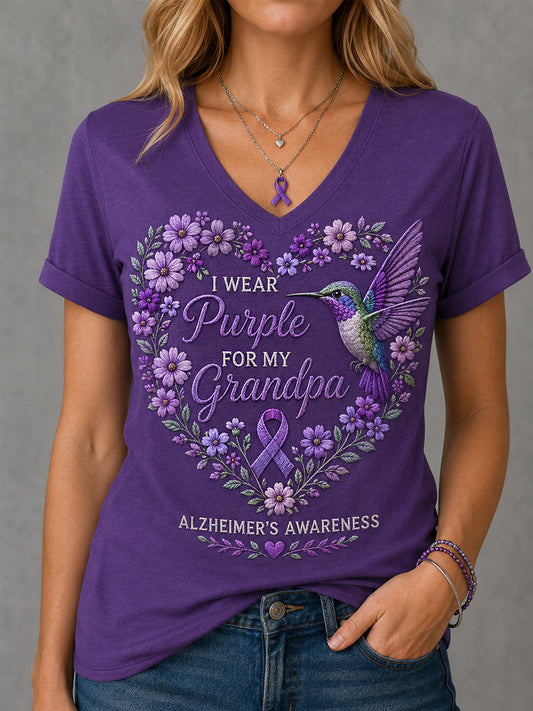Women's Purple Floral & Hummingbird Print Alzheimer's Awareness Support V-Neck Tee