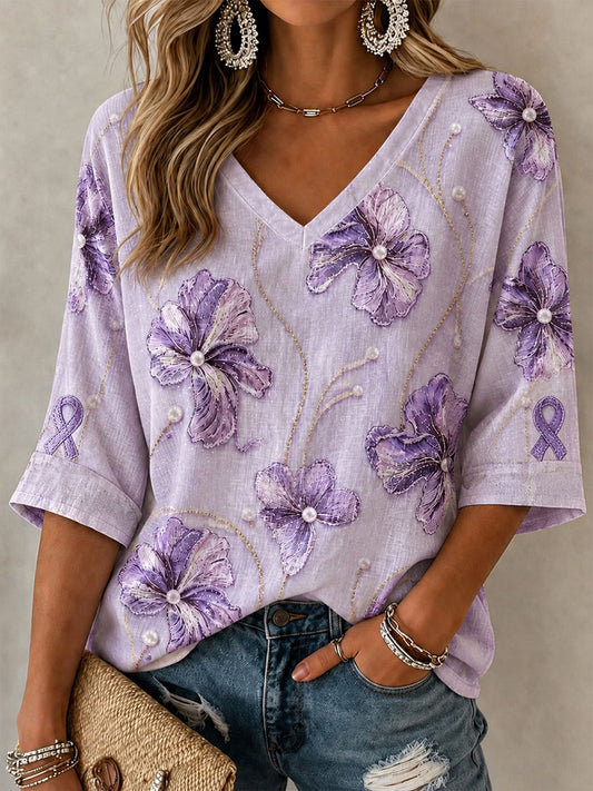 Women's Alzheimer's Awareness Support Purple Floral Art  Linen V-Neck  Shirt