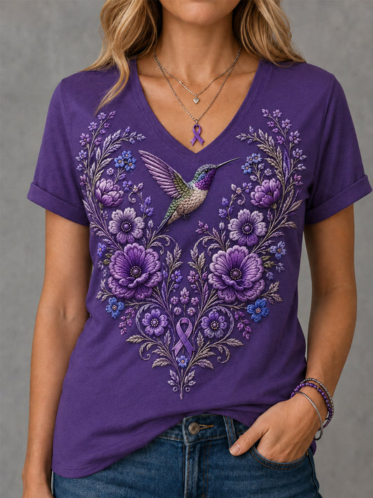 Women's Purple Floral & Hummingbird Print Alzheimer's Awareness Support V-Neck Tee