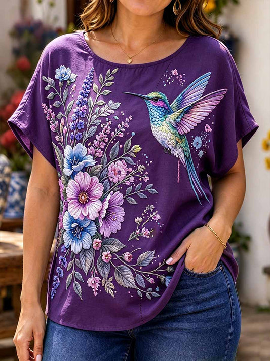 Women's Fashion Purple Floral Print T-Shirt