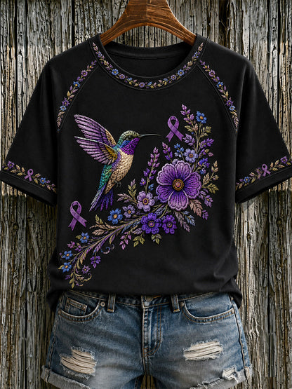 Women's Purple Floral & Hummingbird Print Alzheimer's Awareness Support Tee