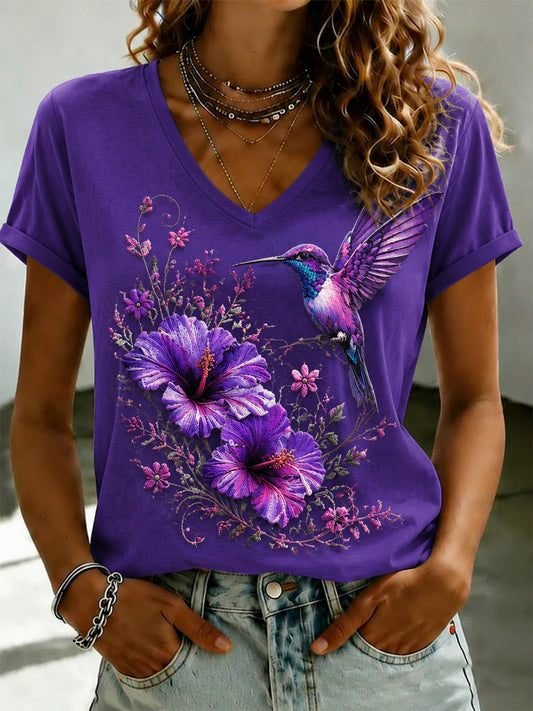 Women's Purple Flora Art Printed V-neck T-shirt