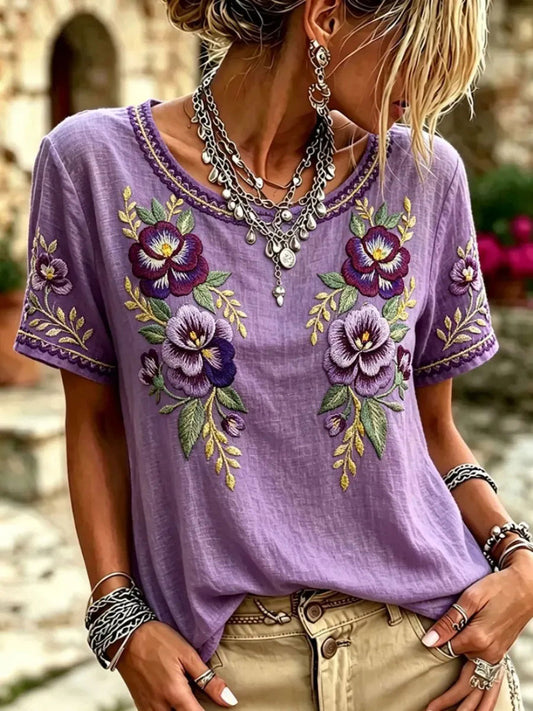 Women's Purple Floral Print Casual T-Shirt