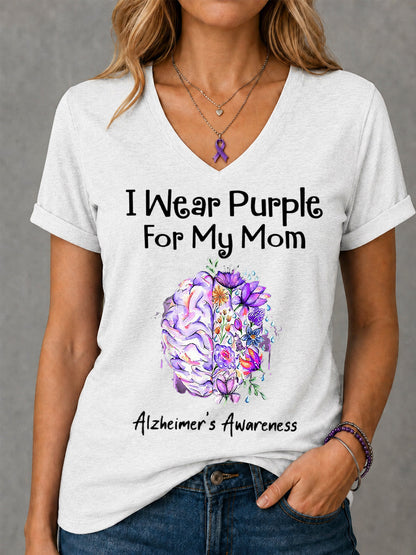 Women's I Wear Purple For My Mom Floral Print Alzheimer's Awareness Support V-Neck Tee