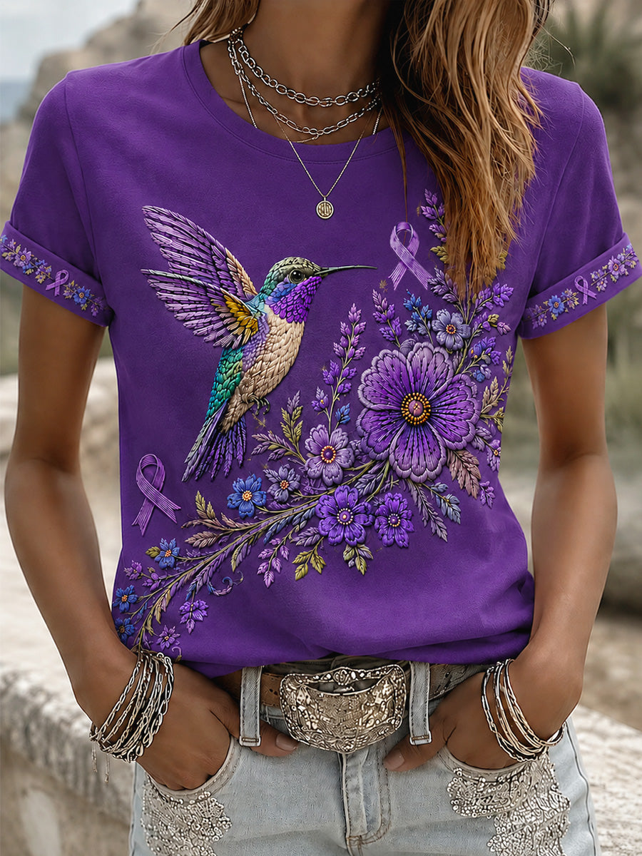 Women's Purple Floral & Hummingbird Print Alzheimer's Awareness Support Tee