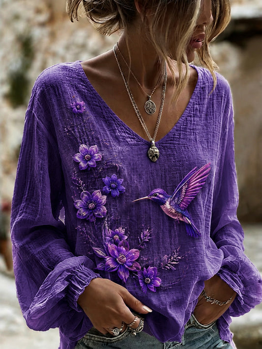 Women's Purple Flora Art Print Cotton-Linen Shirt