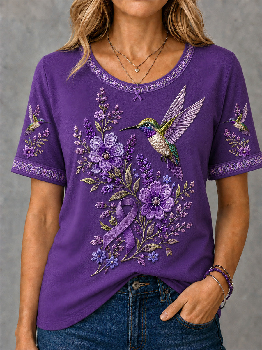 Women's Purple Floral & Hummingbird Print Alzheimer's Awareness Support Tee