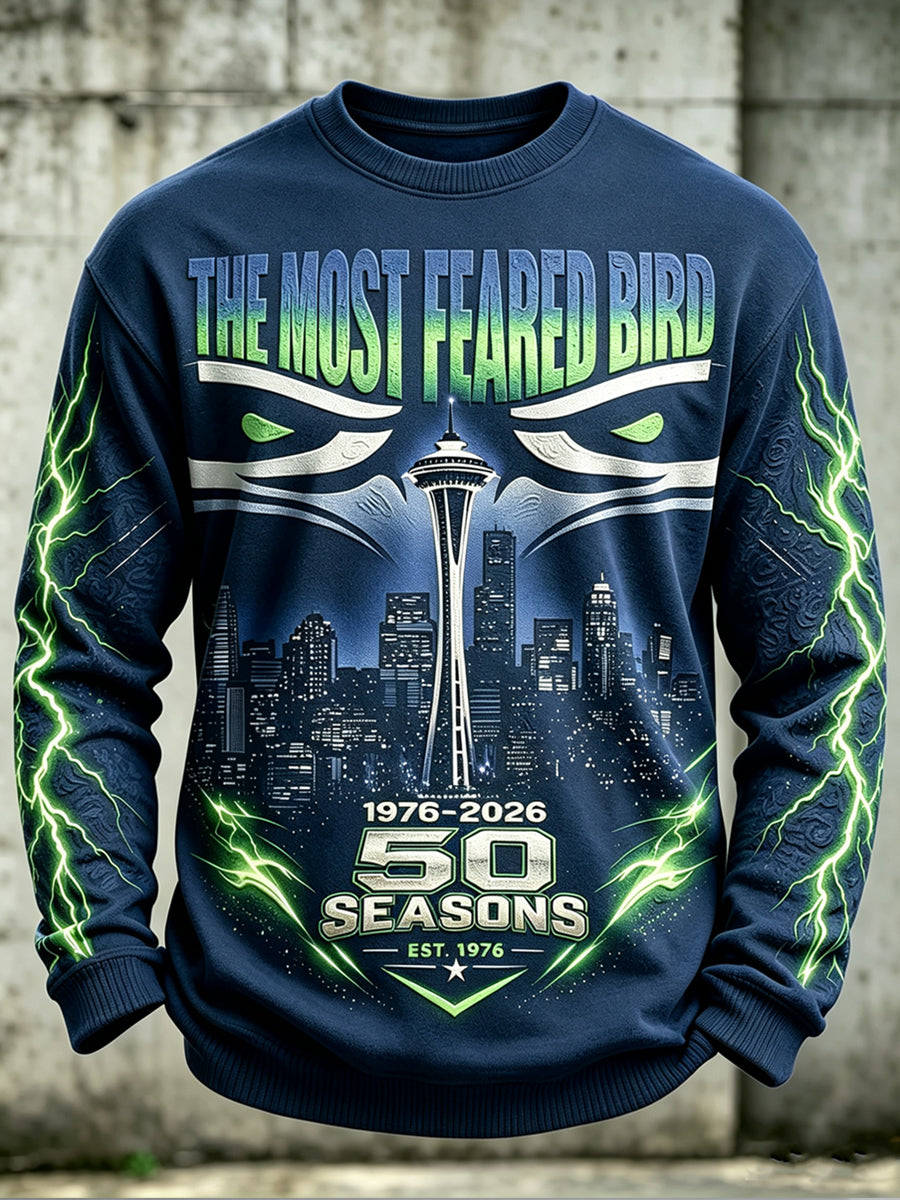 Men's Seattle Football Printed Waffle Long Sleeved Round Neck Sweatshirt