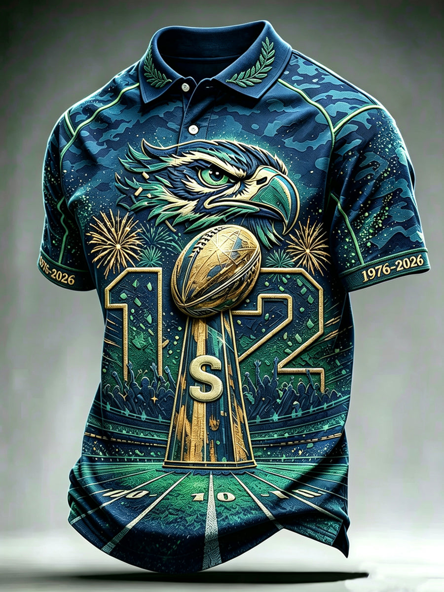 Men's Seattle Football Print Polo Collar Casual Short Sleeved Shirt