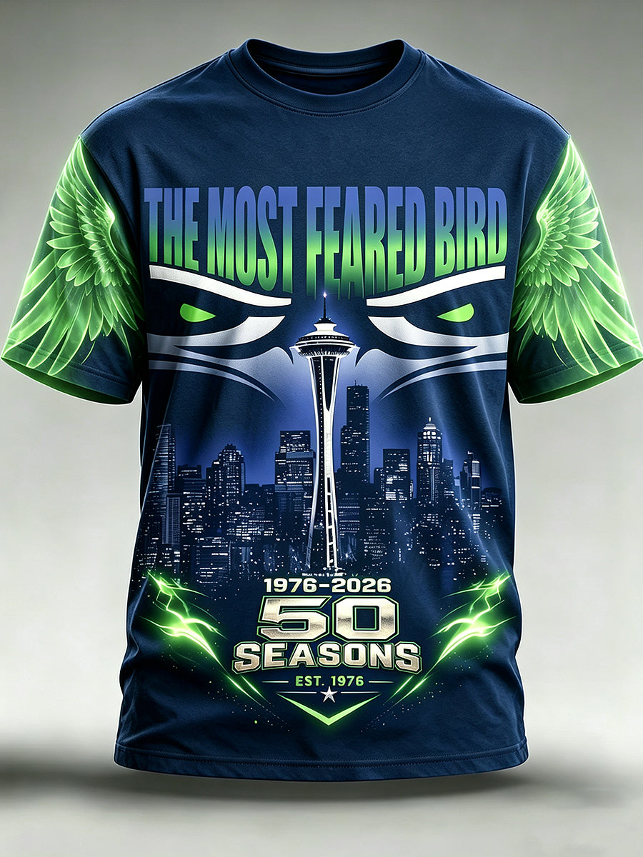 Men's Seattle Football Printed Vintage Fashion Loose Short Sleeve T-Shirt