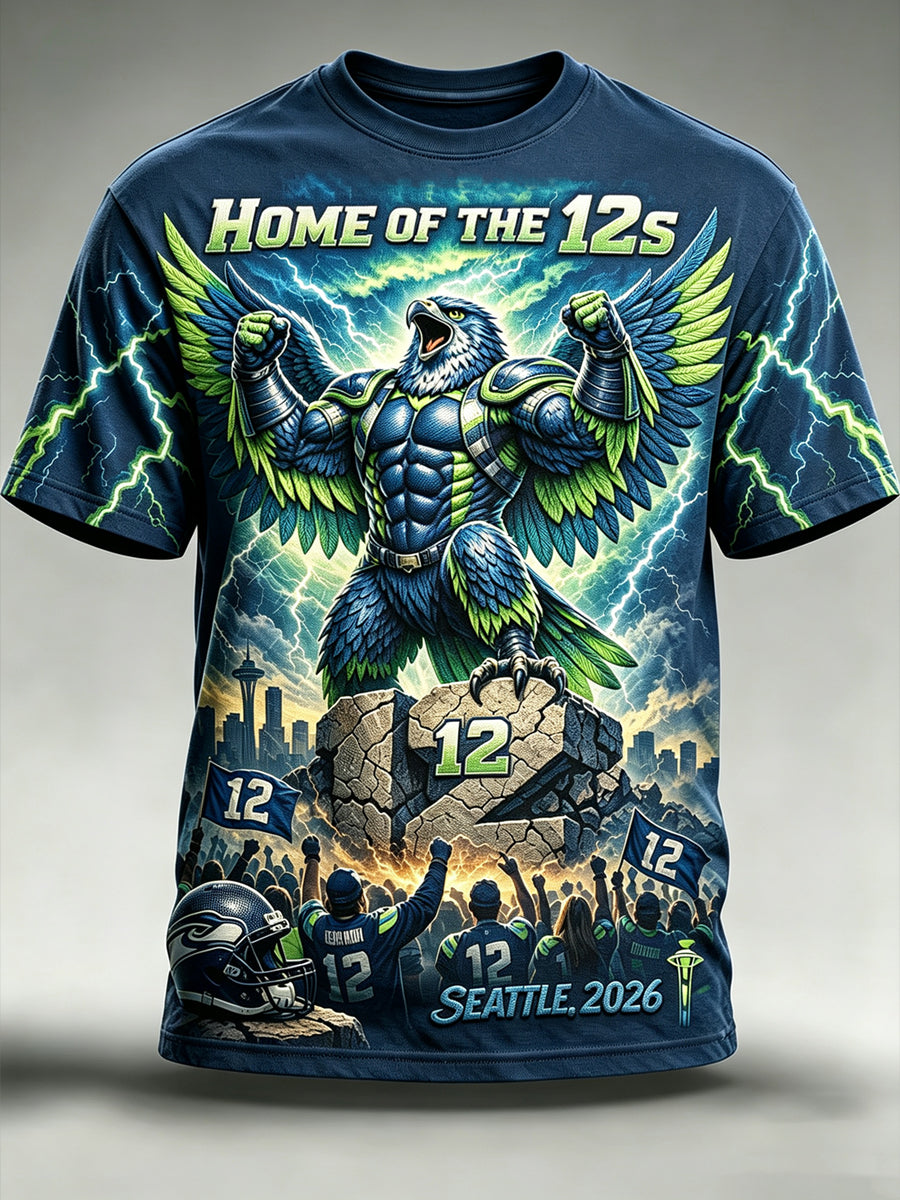 Men's Seattle Football Printed Vintage Fashion Loose Short Sleeve T-Shirt