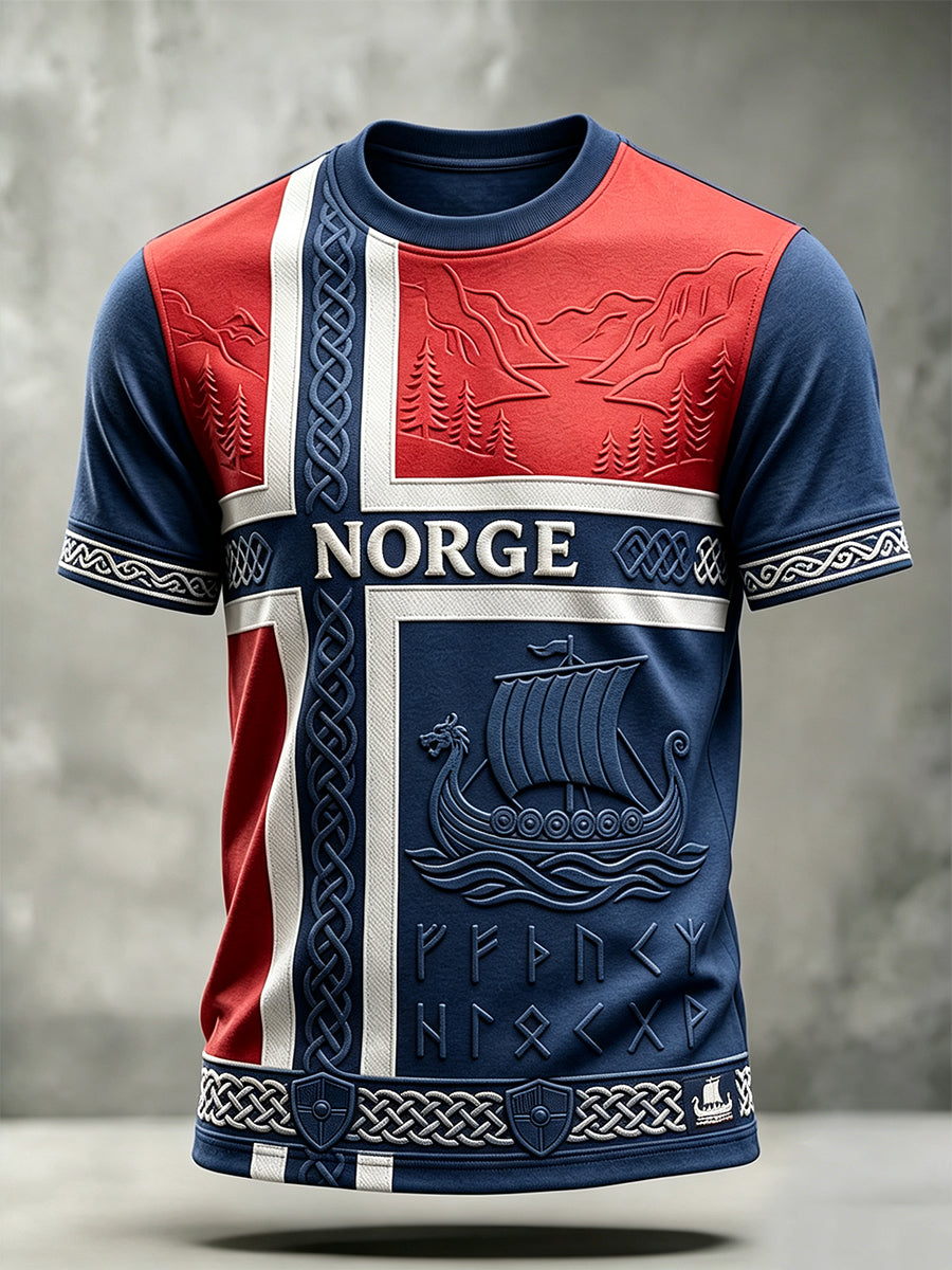 Men's Viking Inspired Art Celtic Norway Flag Print Short Sleeves T-shirt