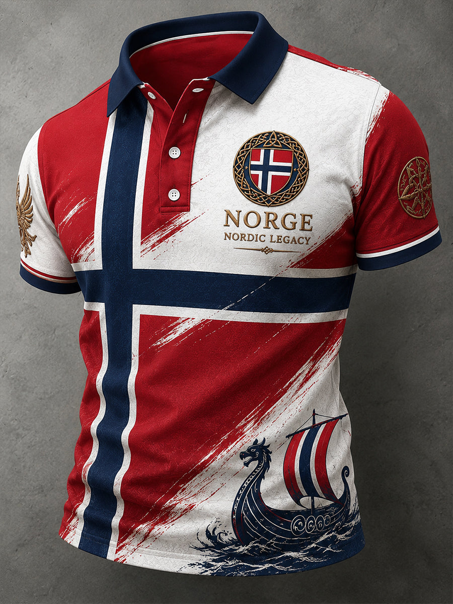 Retro Nordic Viking-Style Graphic Casual Polo Shirt