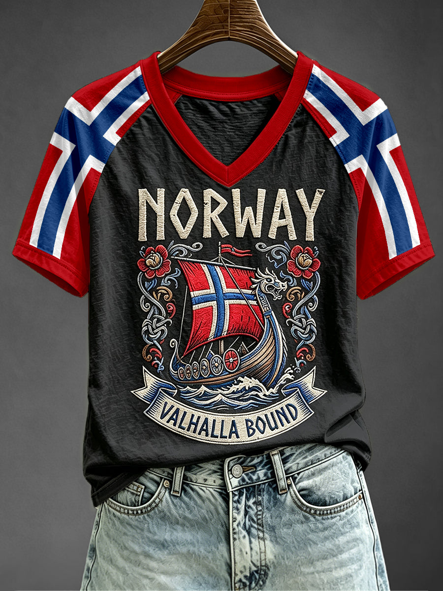 Women's Viking Longship Art Norway Flag Print V-neck Short-sleeved T-shirt