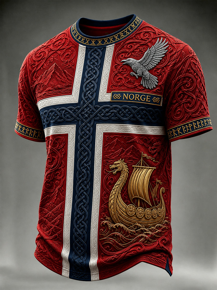 Retro Nordic Viking-Style Graphic Casual T-Shirt