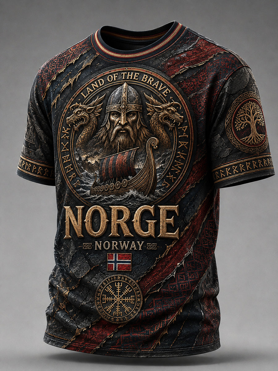 Retro Nordic Viking-Style Graphic Casual T-Shirt