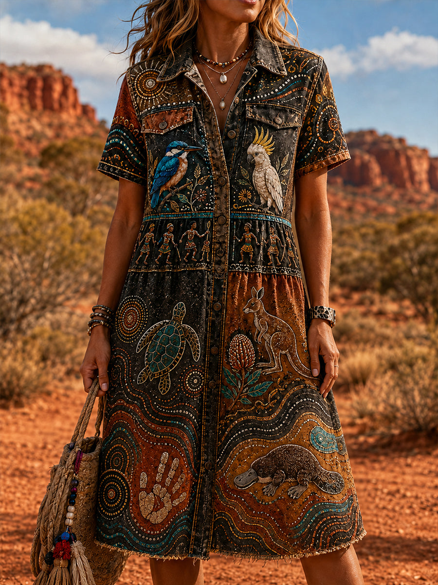 Women's Vintage Australian Ethnic Art Print Casual Dress