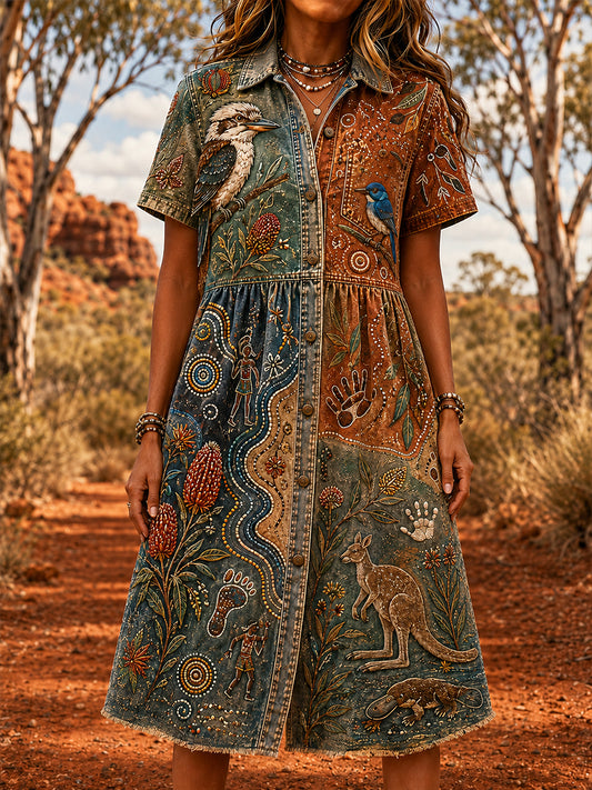 Women's Vintage Australian Ethnic Art Print Casual Dress