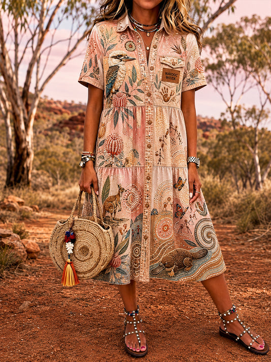 Women's Vintage Australian Ethnic Art Print Casual Dress