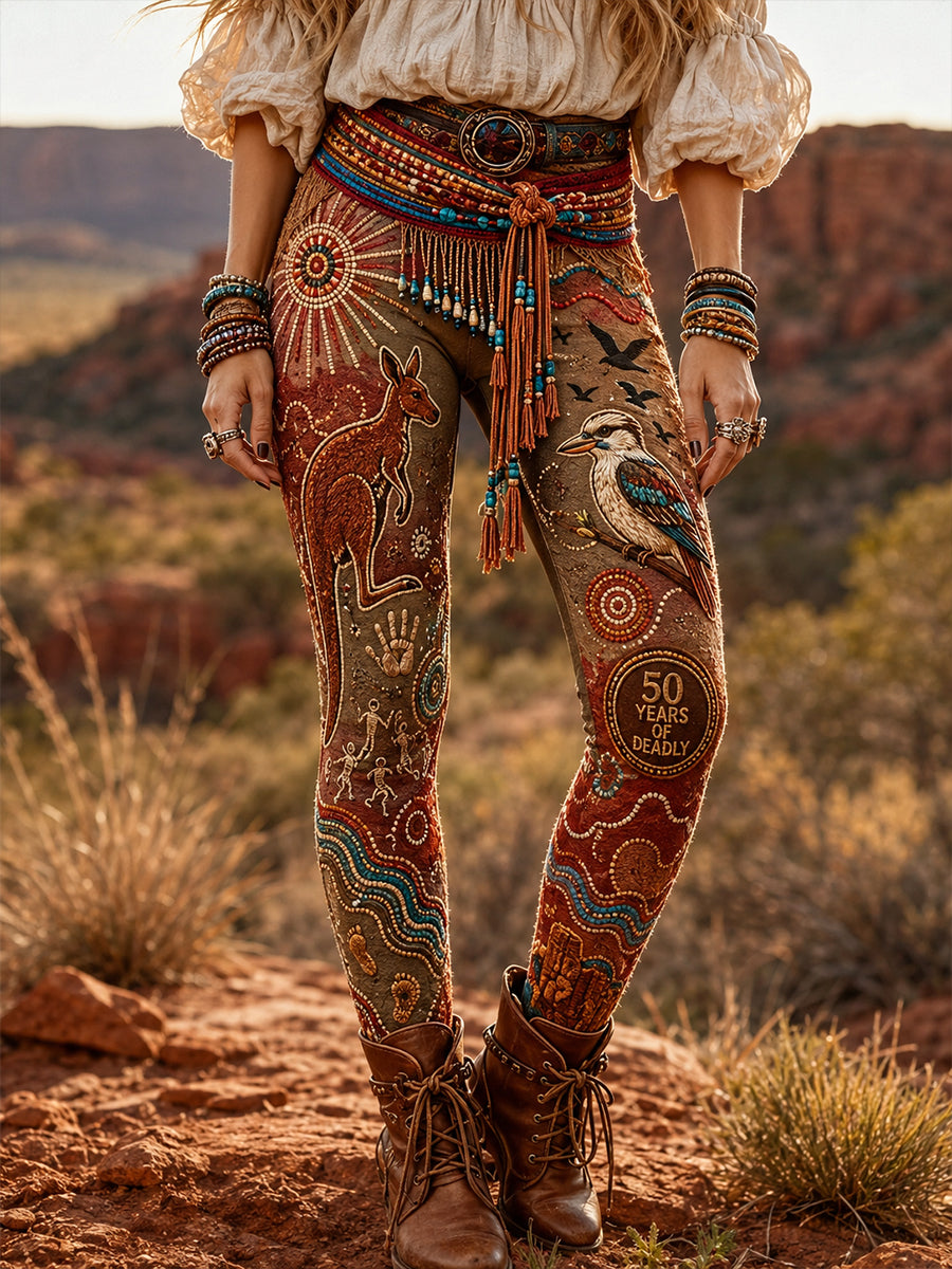 Retro Australian-Inspired Ethnic Art Print Casual Leggings