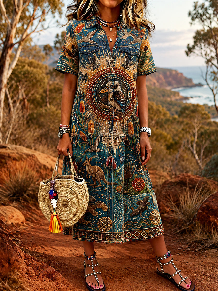 Women's Vintage Australian Ethnic Art Print Casual Dress