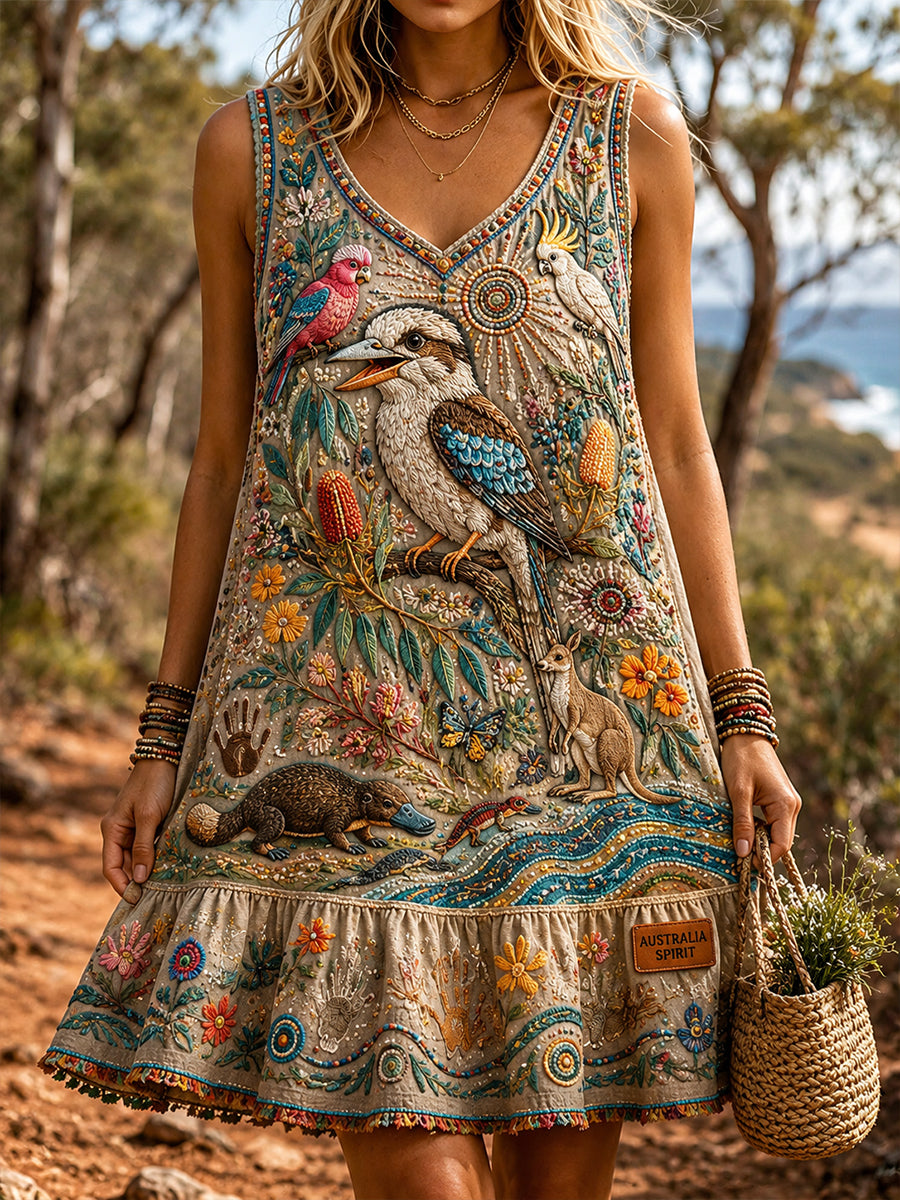 Women's Vintage Australian Ethnic Art Print Casual Dress