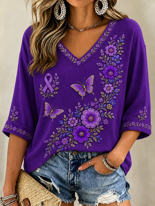 Women's Purple Floral & Butterfly Print Alzheimer's Awareness Support V-Neck Tee