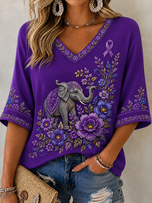 Women's Purple Floral & Elephant Print Alzheimer's Awareness Support V-Neck Tee