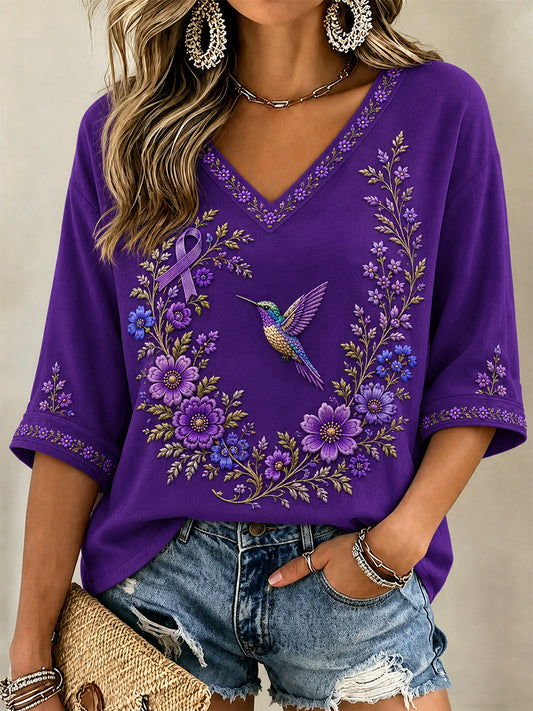 Women's Purple Floral & Hummingbird Print Alzheimer's Awareness Support V-Neck Tee