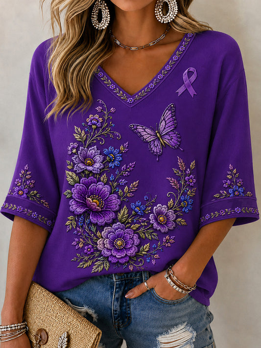 Women's Purple Floral & Butterfly Print Alzheimer's Awareness Support V-Neck Tee