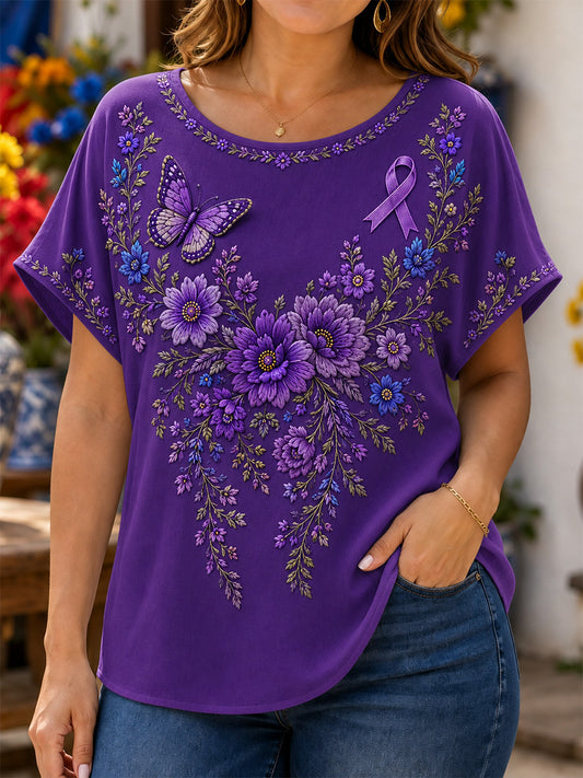 Women's Purple Floral & Butterfly Print Alzheimer's Awareness Support Tee