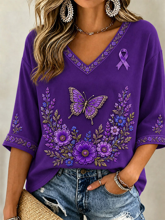 Women's Purple Floral & Butterfly Print Alzheimer's Awareness Support V-Neck Tee