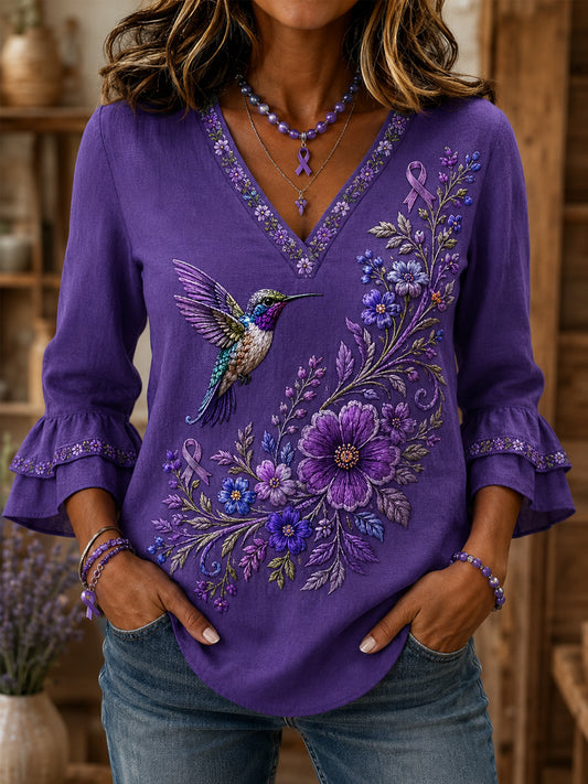 Women's Purple Floral & Hummingbird Print Alzheimer's Awareness Support Shirt