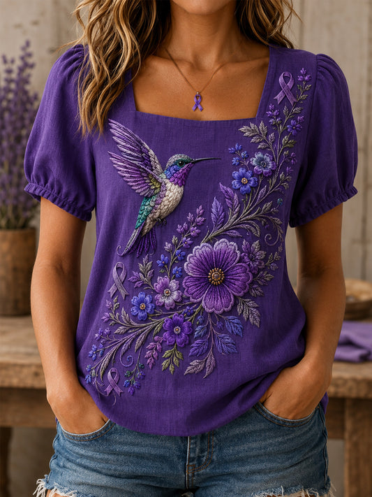 Women's Purple Floral & Hummingbird Print Alzheimer's Awareness Support Shirt
