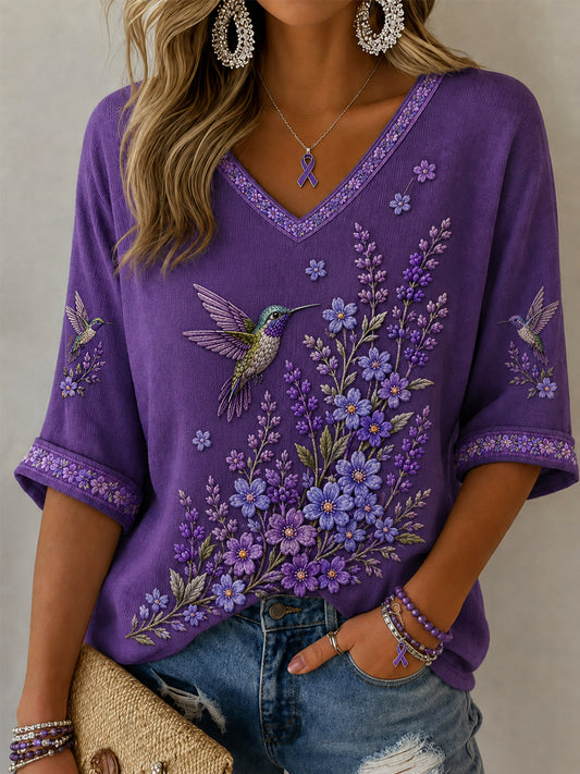 Women's Purple Floral & Hummingbird Print Alzheimer's Awareness Support Half-Sleeves V-Neck T-Shirt