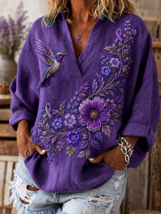 Women's Purple Floral & Hummingbird Print Alzheimer's Awareness Support V-Neck Shirt