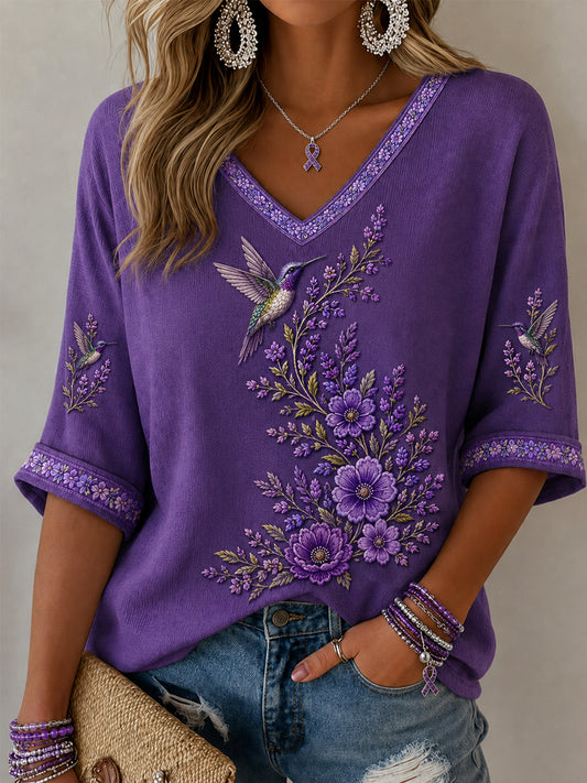 Women's Purple Floral & Hummingbird Print Alzheimer's Awareness Support Half-Sleeves V-Neck T-Shirt