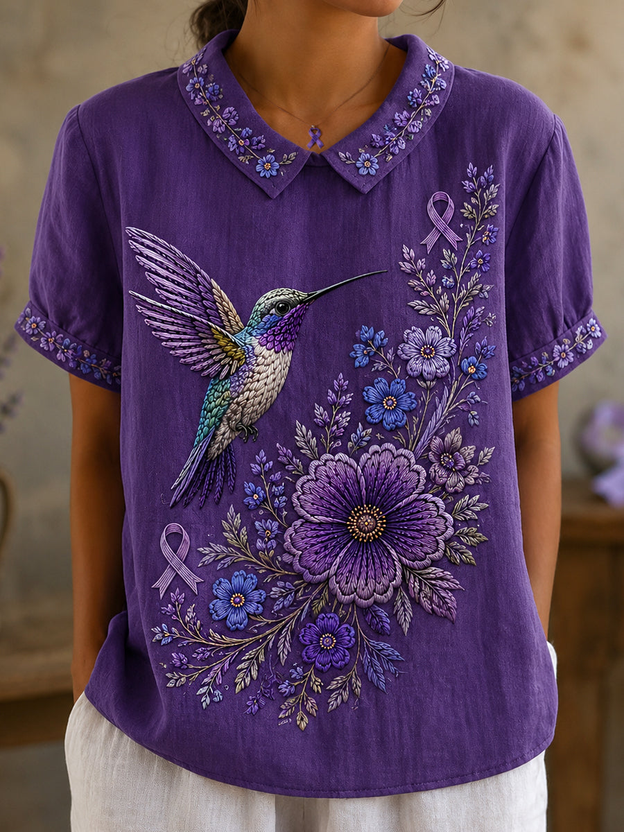 Women's Purple Floral & Hummingbird Print Alzheimer's Awareness Support Doll Collar Shirt
