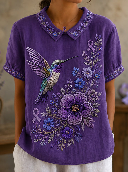 Women's Purple Floral & Hummingbird Print Alzheimer's Awareness Support Doll Collar Shirt